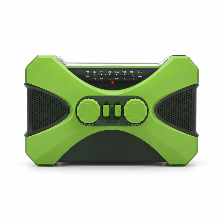 A portable emergency radio with a bright lime green and black design, featuring two large round control knobs, three center buttons, and a digital frequency display on the top panel.