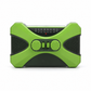 A portable emergency radio with a bright lime green and black design, featuring two large round control knobs, three center buttons, and a digital frequency display on the top panel.