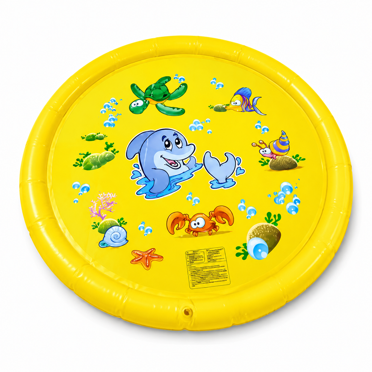Yellow inflatable pool with cartoon dolphins and sea creatures on a white background