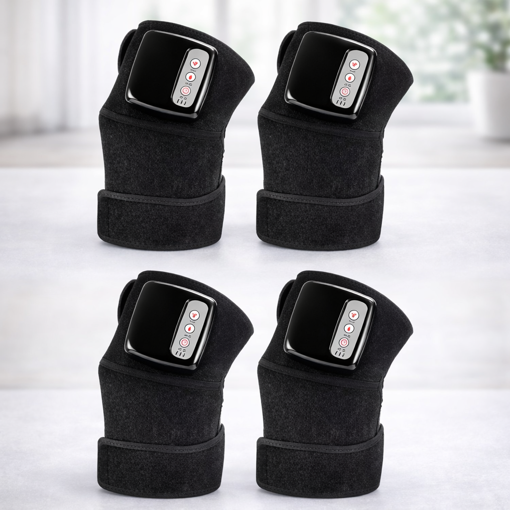 Square product image displaying four heated knee therapy wraps arranged in a grid on a clean aesthetic background.
