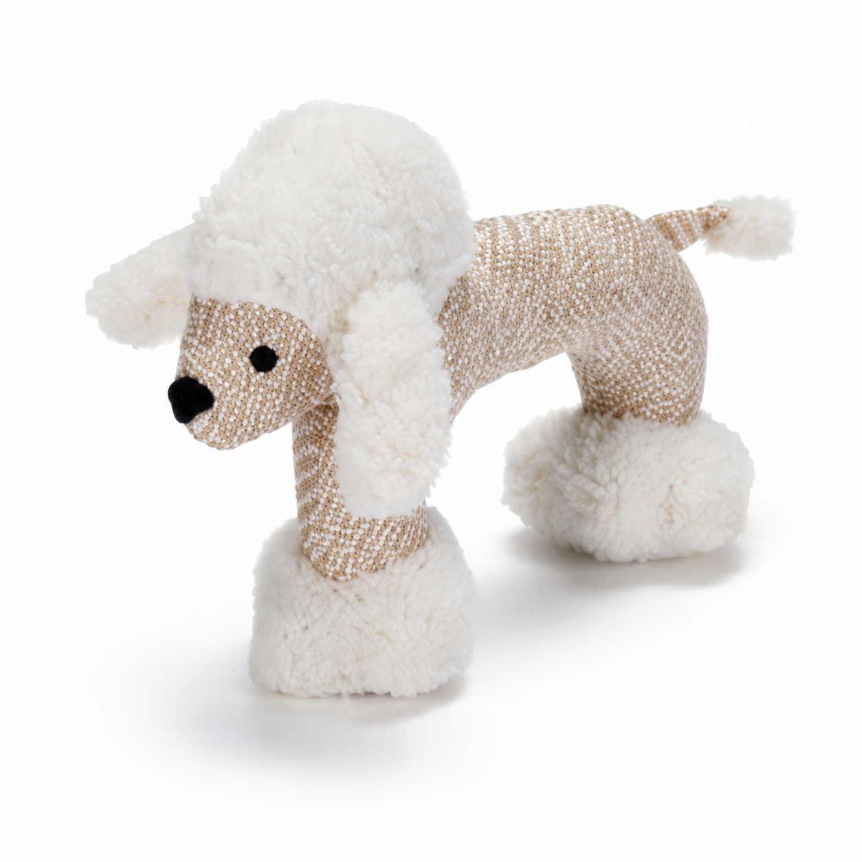 Stuffed toy poodle with white fur and beige body on a white background