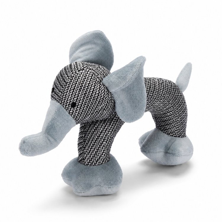 Plush toy elephant with textured pattern on a white background