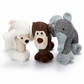 Three knitted dog toys in white, brown, and gray on a white background