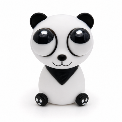 A cute, stylized panda figurine with oversized glossy eyes, black ears, a black bandana, and black paw pads, sitting against a seamless white background.