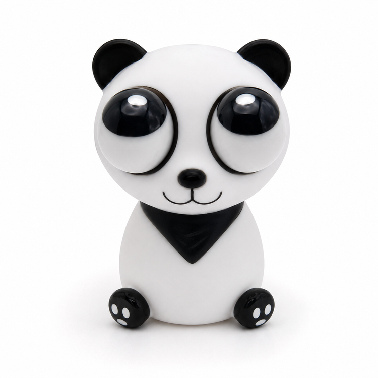 A cute, stylized panda figurine with oversized glossy eyes, black ears, a black bandana, and black paw pads, sitting against a seamless white background.