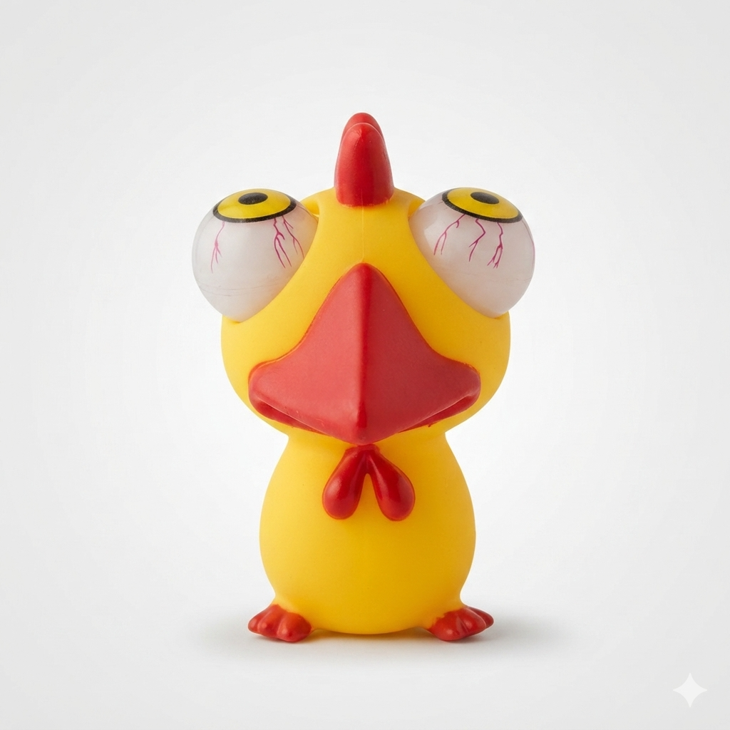 A yellow rubber toy chick with exaggerated white eyes, a red beak, red wattle, and red feet, photographed against a clean light gray studio background.