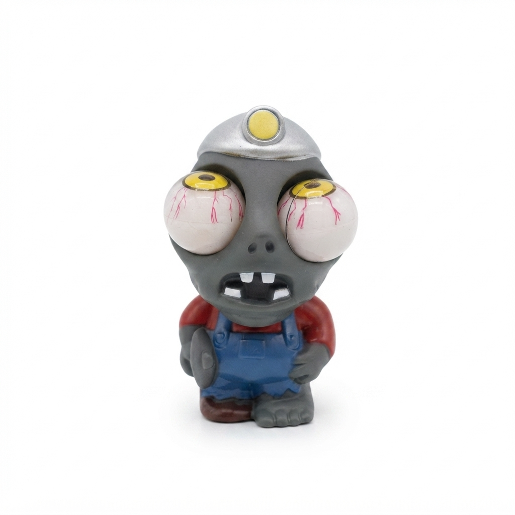 A small zombie miner figurine with large white eyeballs, red veins, a gray head, a silver helmet with a yellow light, a red shirt, and blue overalls, standing against a plain white background.