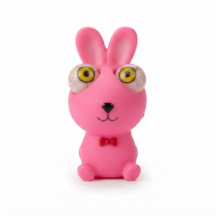 A pink cartoon rabbit toy with large bulging eyes, yellow sclera, and a small red bow tie, centered on a plain white background.