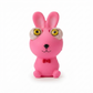 A pink cartoon rabbit toy with large bulging eyes, yellow sclera, and a small red bow tie, centered on a plain white background.