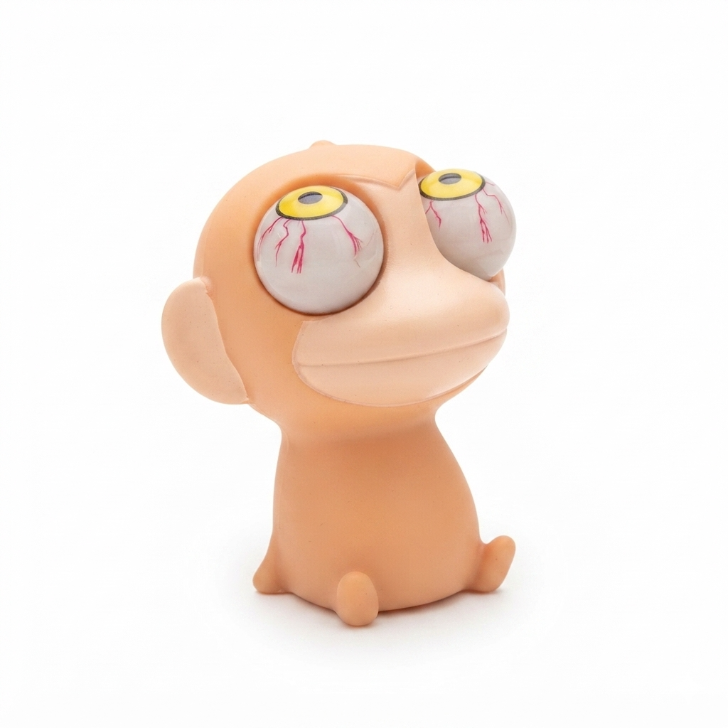 A small peach-colored novelty figurine shaped like a cartoon creature with oversized white eyeballs featuring yellow irises and red veins, photographed on a clean white background.