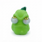 A green monster figurine with large, bulging eyeballs and a dark green leaf on its head, set against a plain white background.