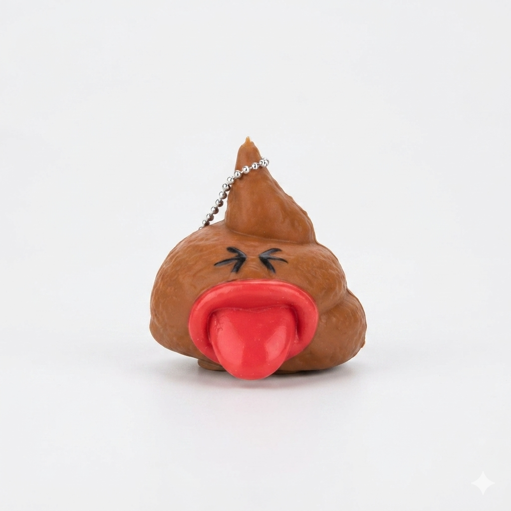 A brown poop-shaped squishy keychain with a red tongue sticking out, black drawn eyes, and a silver ball chain, photographed on a clean white background.