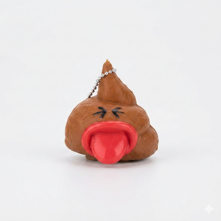 A brown poop-shaped squishy keychain with a red tongue sticking out, black drawn eyes, and a silver ball chain, photographed on a clean white background.