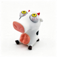 A white cow-shaped novelty toy or figurine with exaggerated cartoon eyes, pink nose and udder, black spots, and small red horns, photographed on a clean white background.