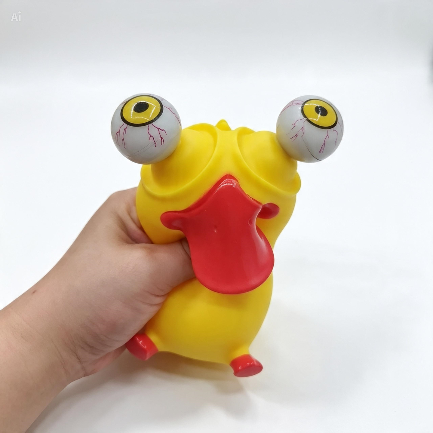 A yellow rubber frog toy with protruding eyeballs and a red tongue, being held by a hand against a plain white background.
