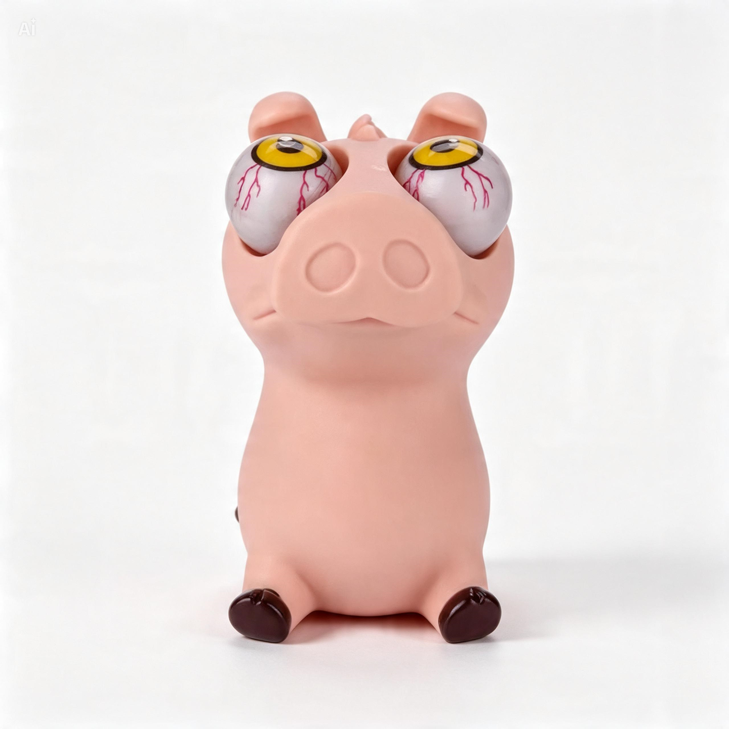 A novelty pig figurine with oversized, bulging eyeballs, photographed against a seamless white studio background.