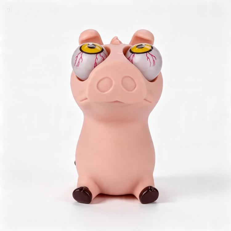 A novelty pig figurine with oversized, bulging eyeballs, photographed against a seamless white studio background.