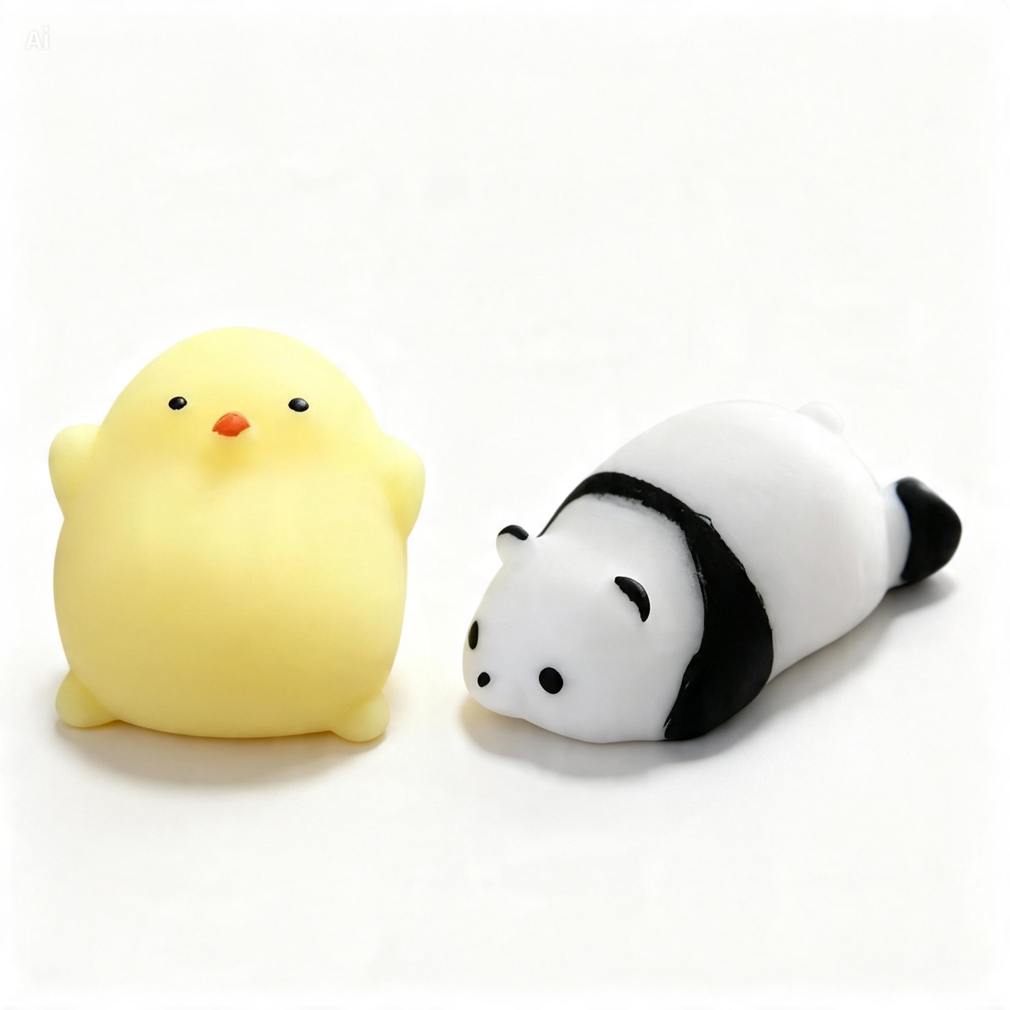 Two cute squishy toys on a white background: a round pale yellow chick figure with a small orange beak and black eyes, and a white panda figure with black bands and black facial features lying on its side.