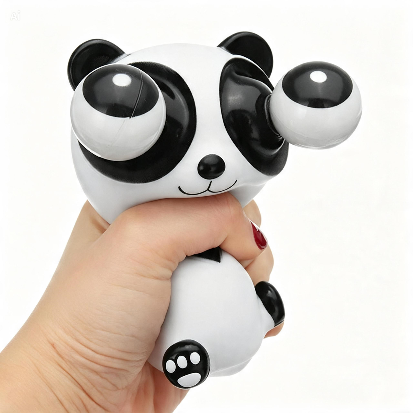 A hand holding a white and black panda squeeze toy against a plain white background.