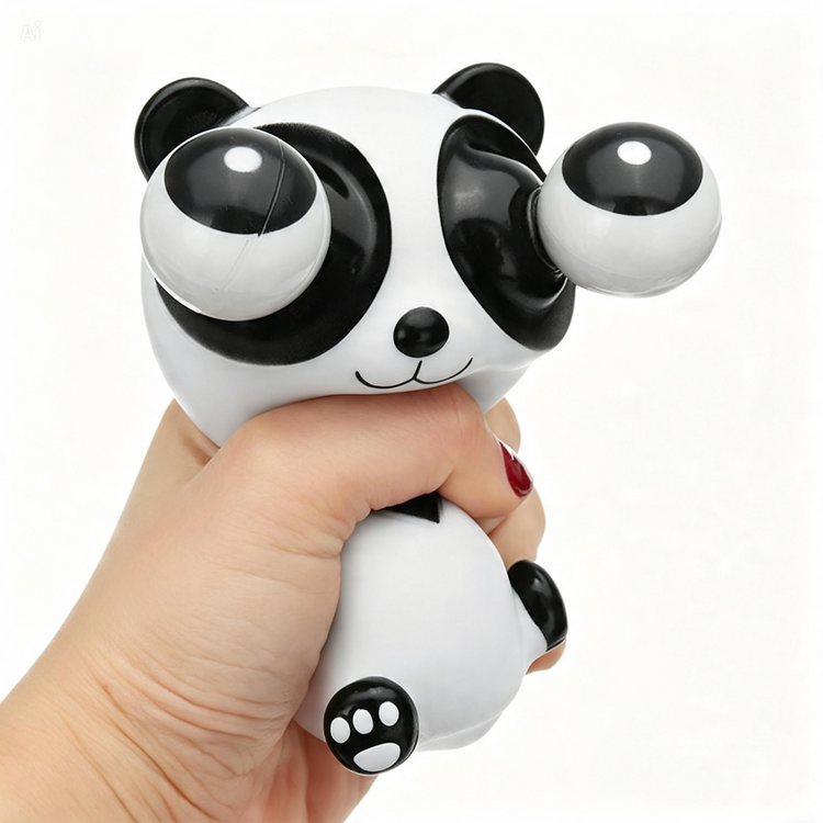 A hand holding a white and black panda squeeze toy against a plain white background.