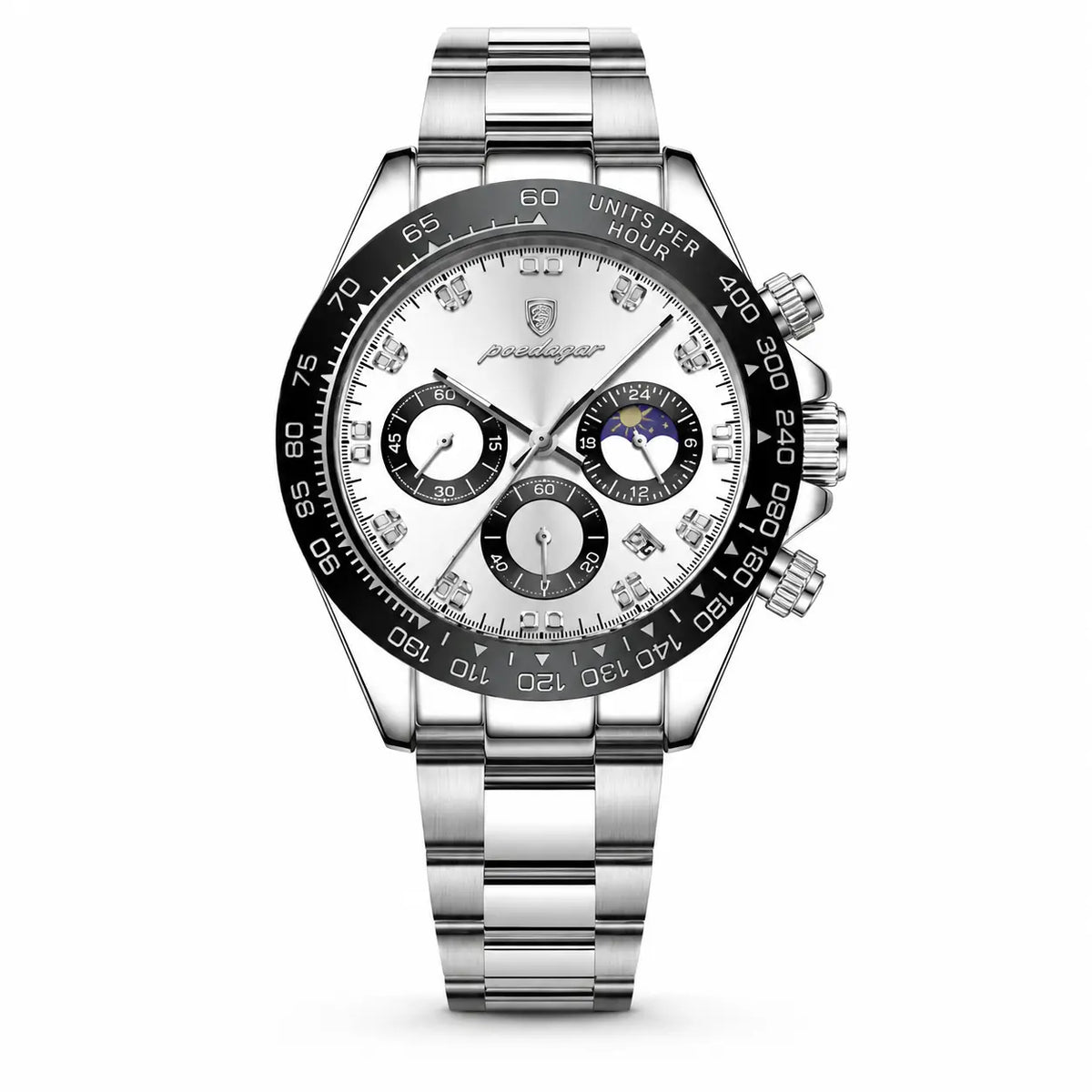 Men's multi-functional fashion watch with silver metal strap, white dial, black bezel, front view
