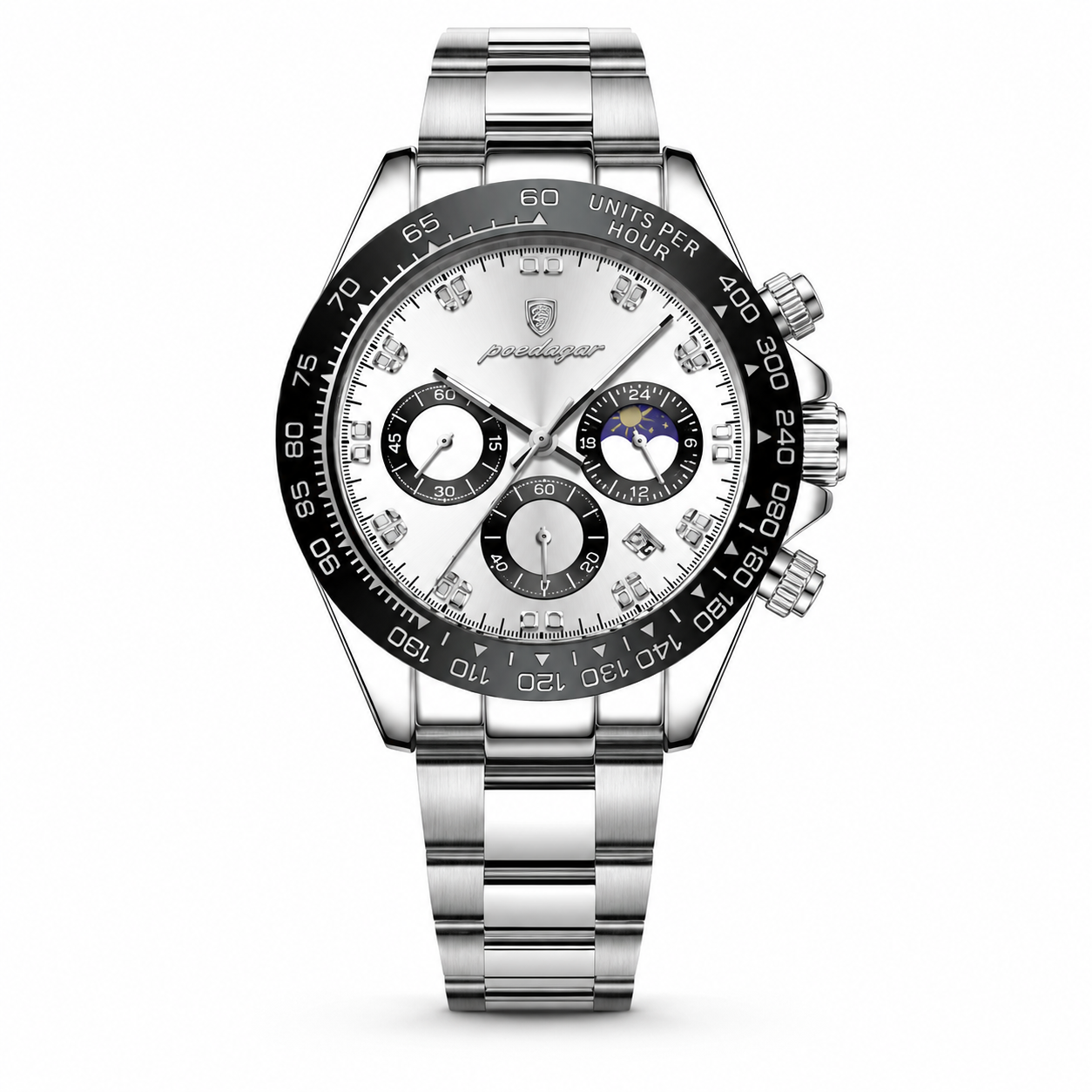 Luxury watch with a silver bracelet and detailed face on a white background