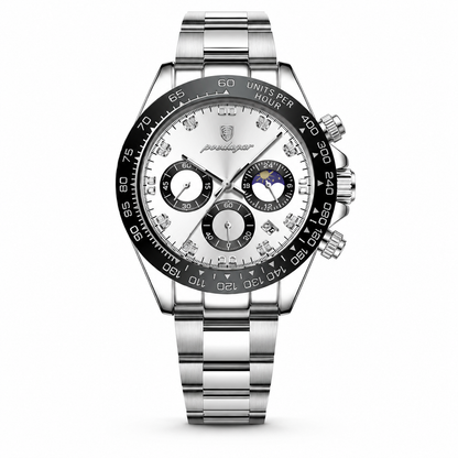 Luxury watch with a silver bracelet and detailed face on a white background