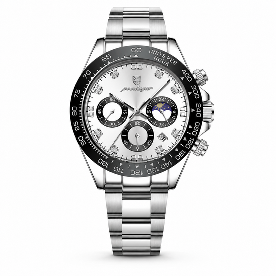 Luxury watch with a silver bracelet and detailed face on a white background