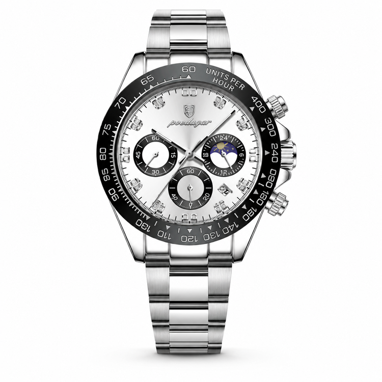 Luxury watch with a silver bracelet and detailed face on a white background
