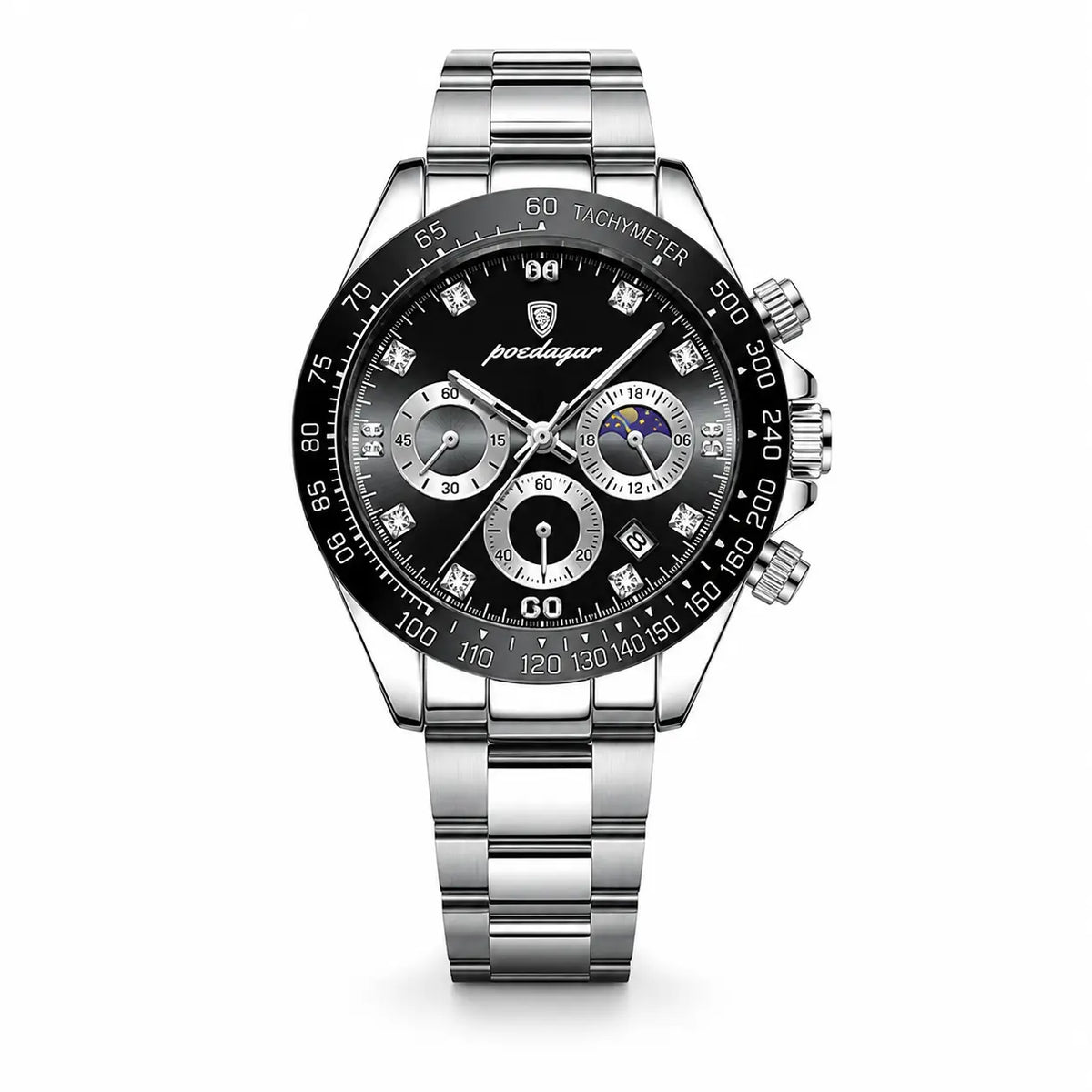 Men's multi-functional fashion watch with silver metal strap, black dial, black bezel, front view