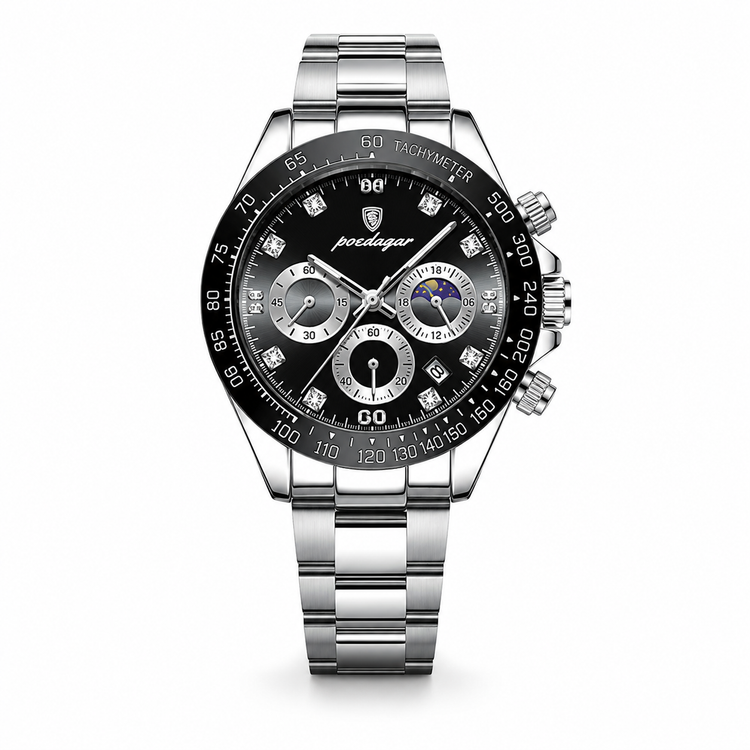 Silver watch with black dial on a white background