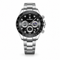 Silver watch with black dial on a white background