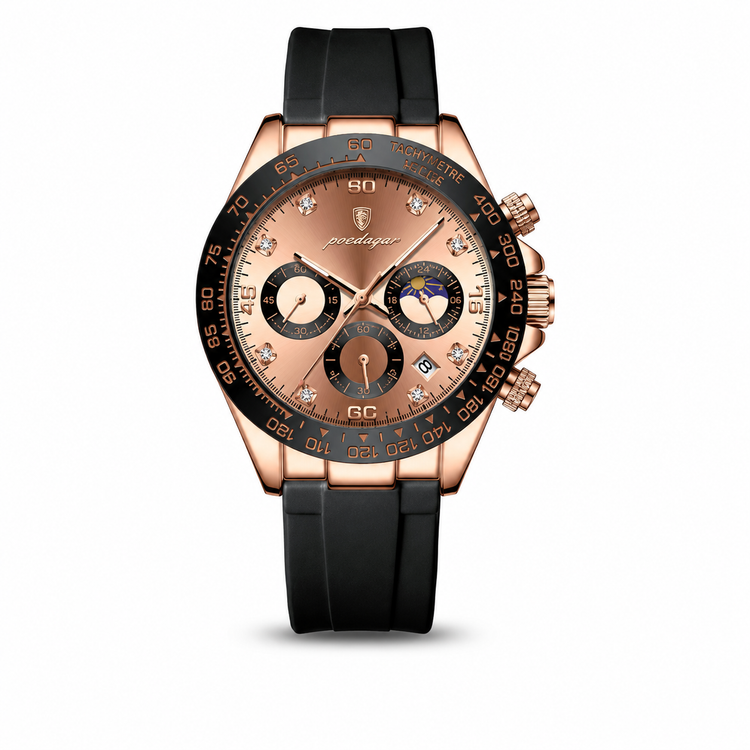 Luxury watch with black strap and rose gold case on a white background