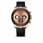 Luxury watch with black strap and rose gold case on a white background