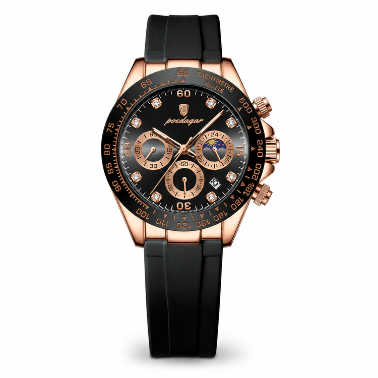 Luxury watch with black strap and rose gold case on a white background