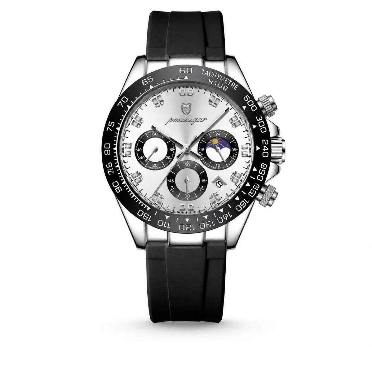 Luxury watch with black strap and detailed face on a white background