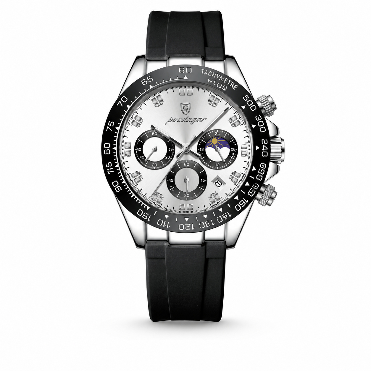 Luxury watch with black strap and detailed face on a white background