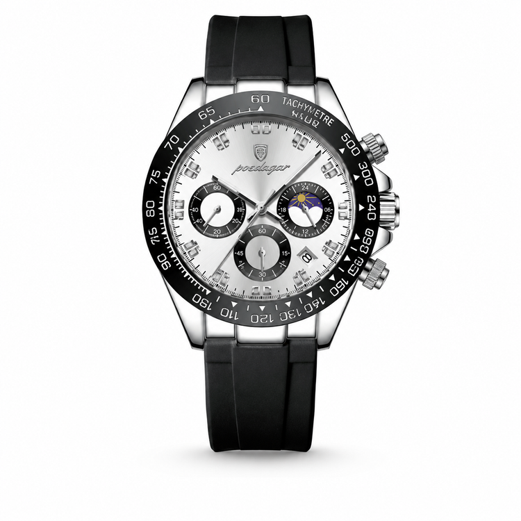Luxury watch with black strap and detailed face on a white background