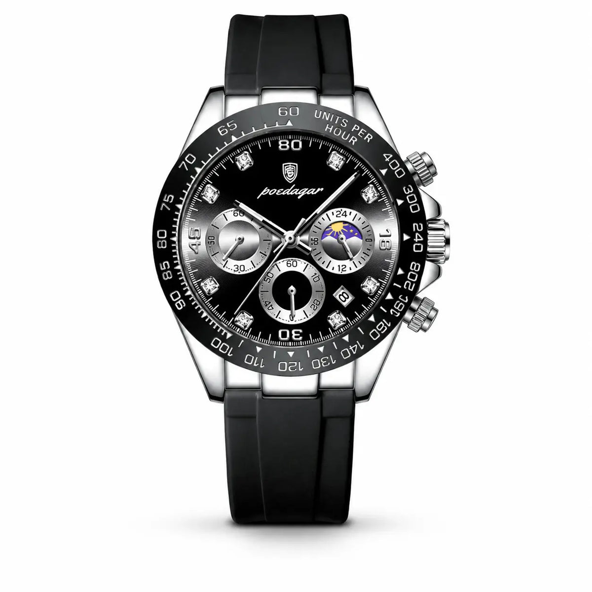Luxury watch with black strap and detailed face on a white background