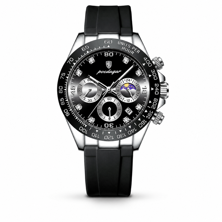 Luxury watch with black strap and detailed face on a white background