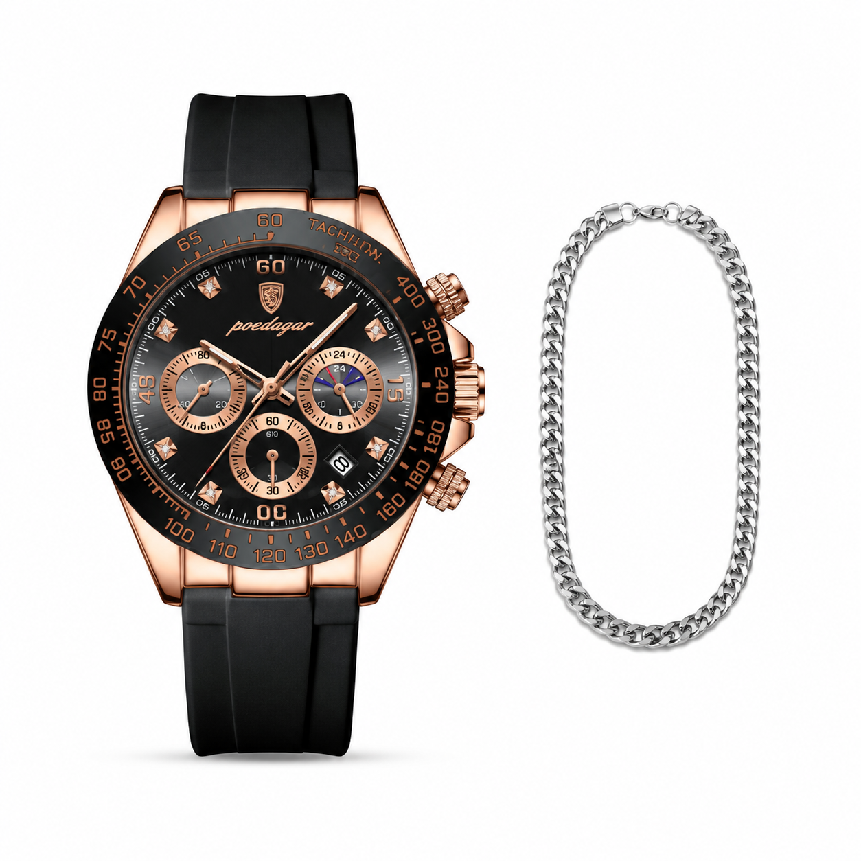 Luxury watch with black strap and rose gold case on a white background