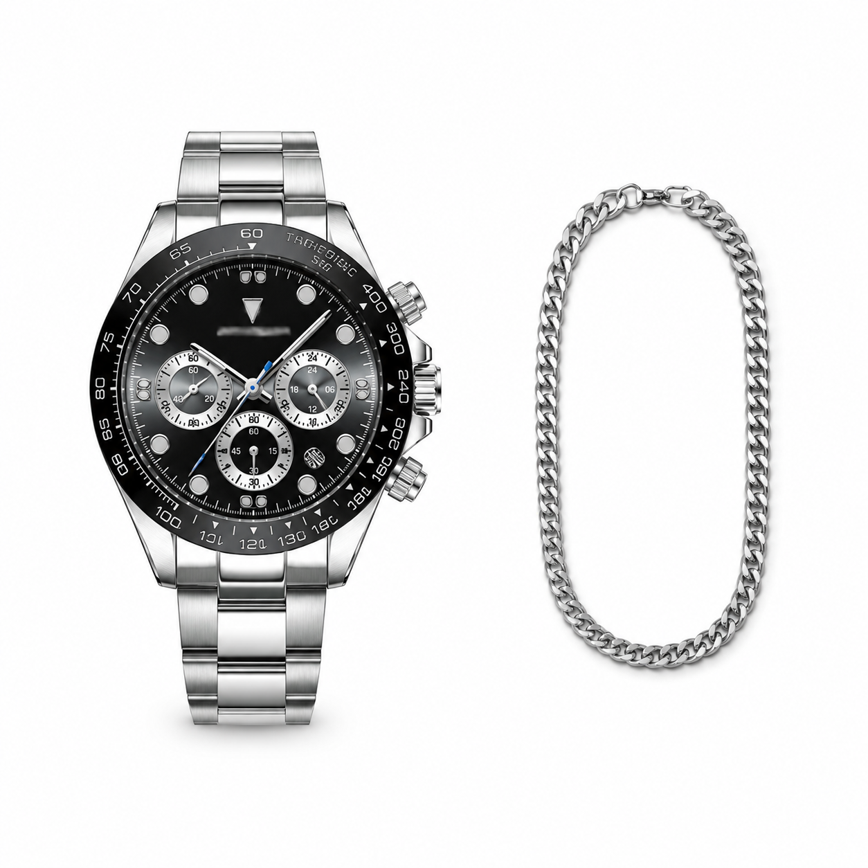 Silver watch with black face and chain on a white background