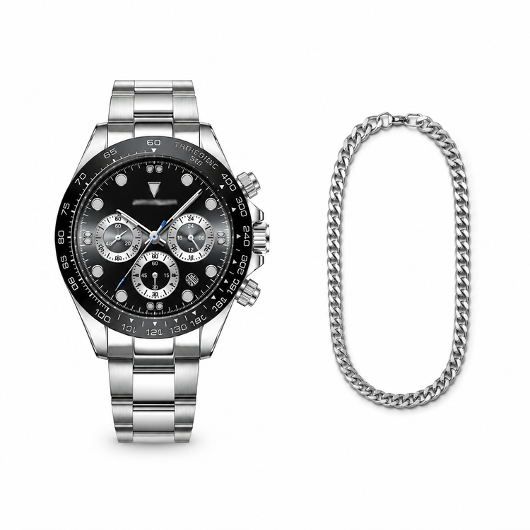 Silver watch with black face and chain on a white background