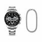 Silver watch with black face and chain on a white background