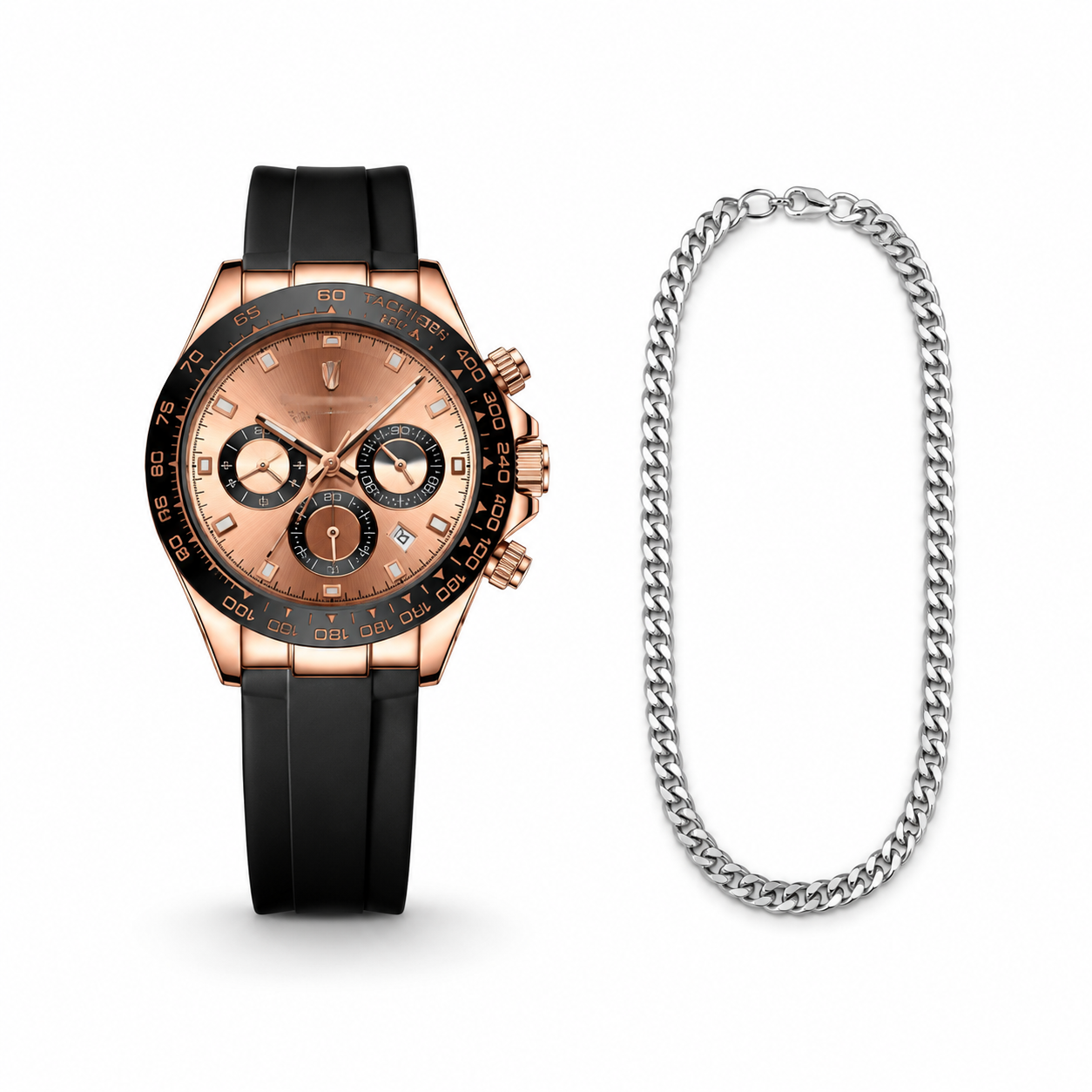 Luxury watch with black strap and rose gold case, accompanied by a silver chain on a white background.