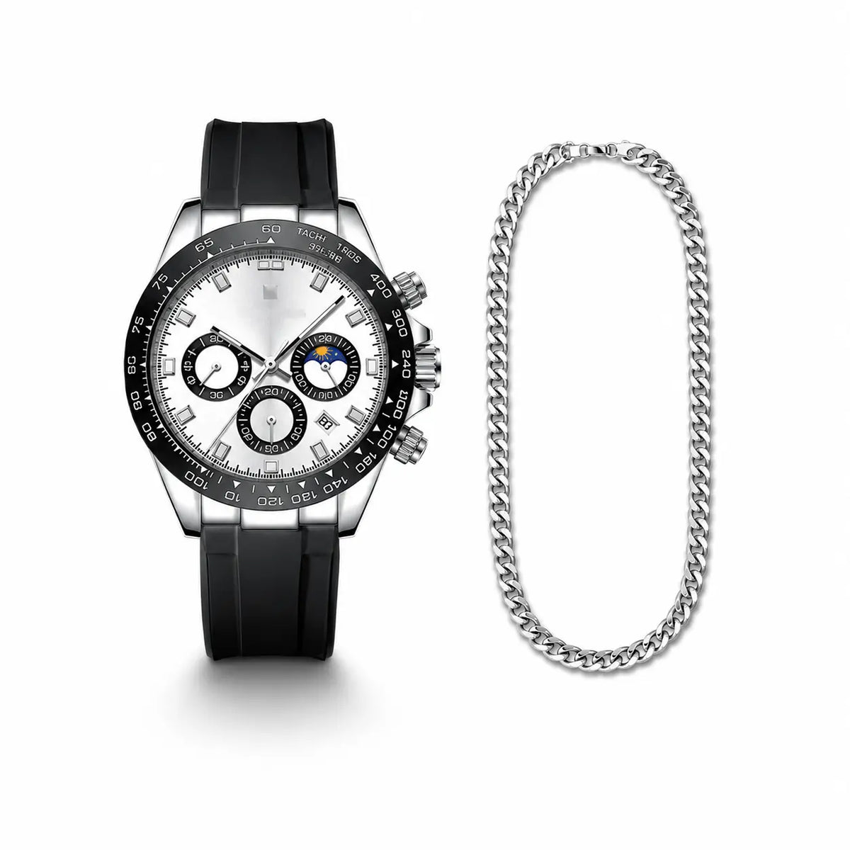 Wristwatch with black strap and silver chain on a white background