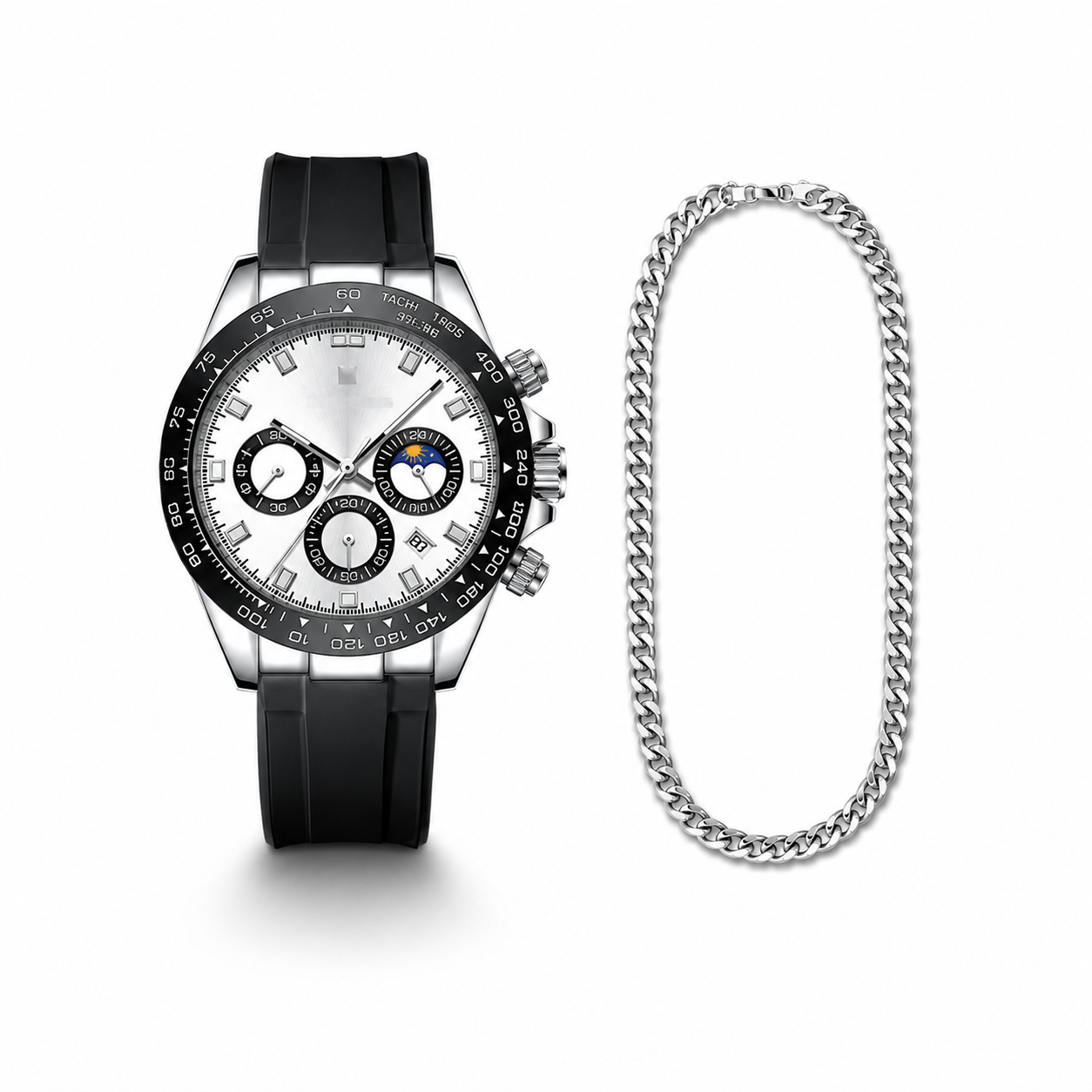Wristwatch with black strap and silver chain on a white background