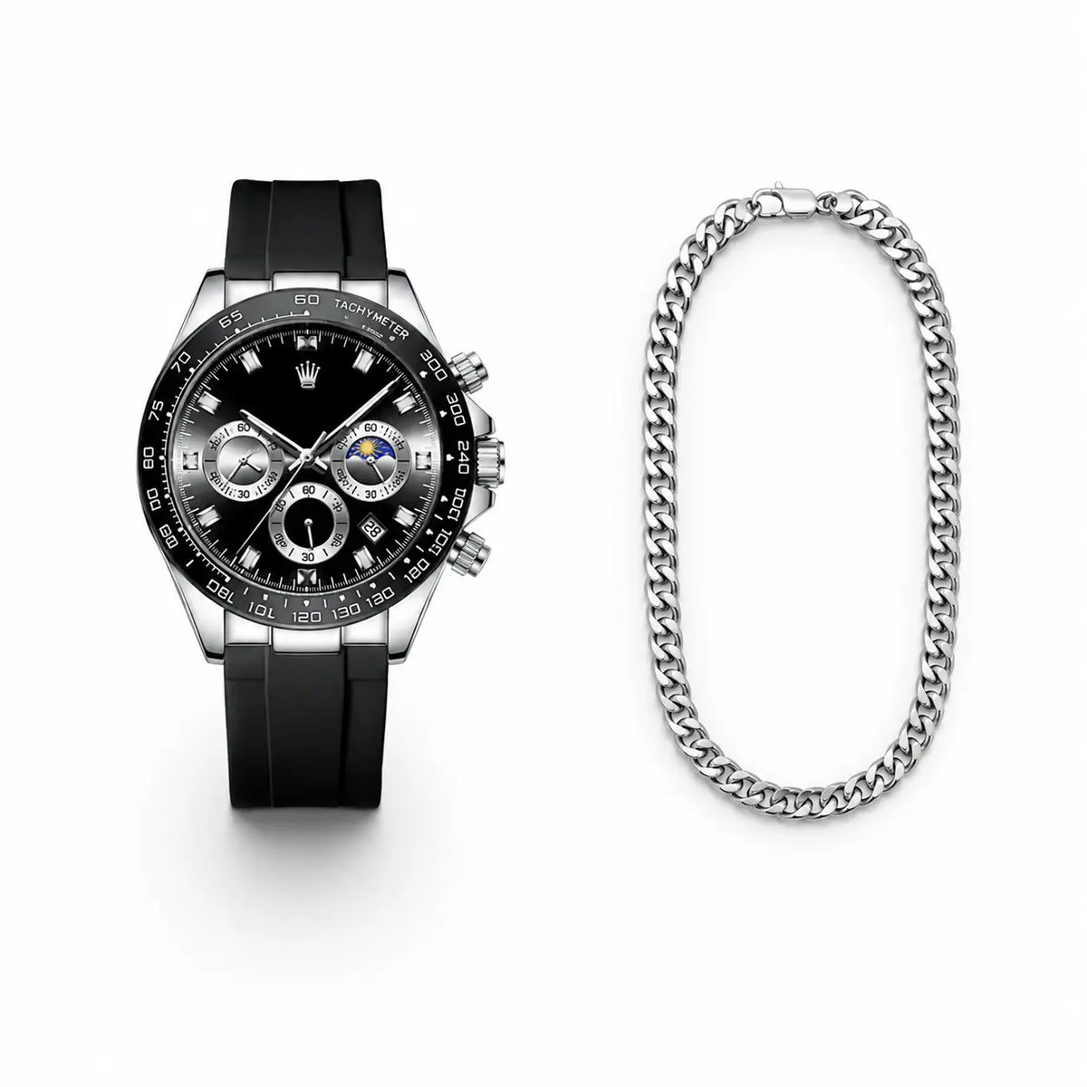 Black watch with a silver chain on a white background