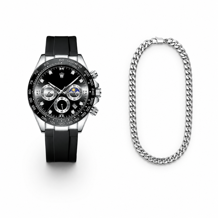 Black watch with a silver chain on a white background