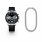 Black watch with a silver chain on a white background